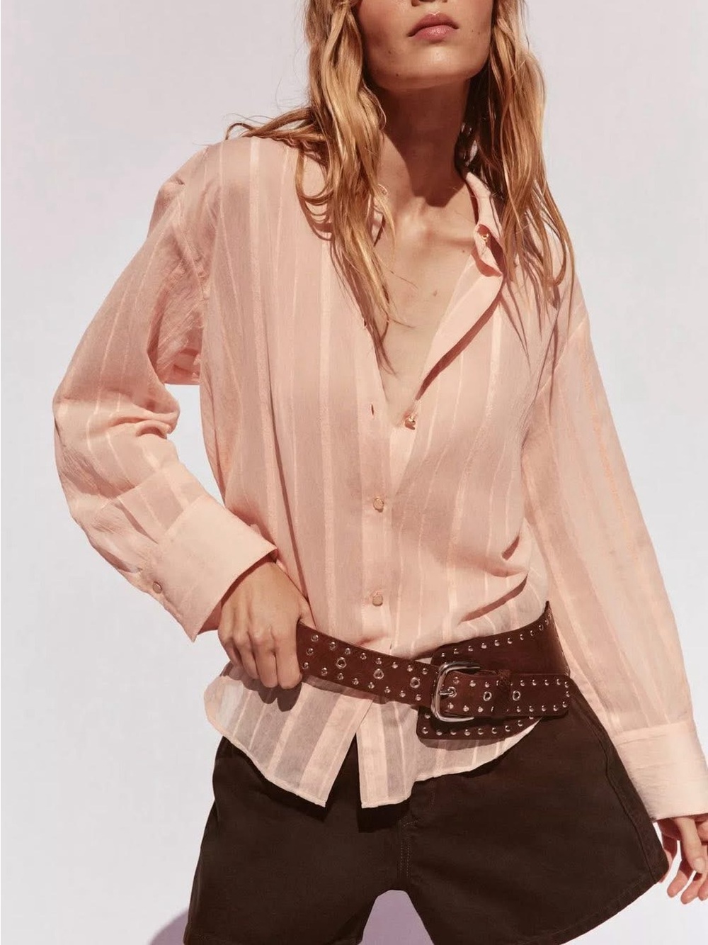 Zara Women’s XS Peach Sheer Striped Button Down Blouse Long Sleeve